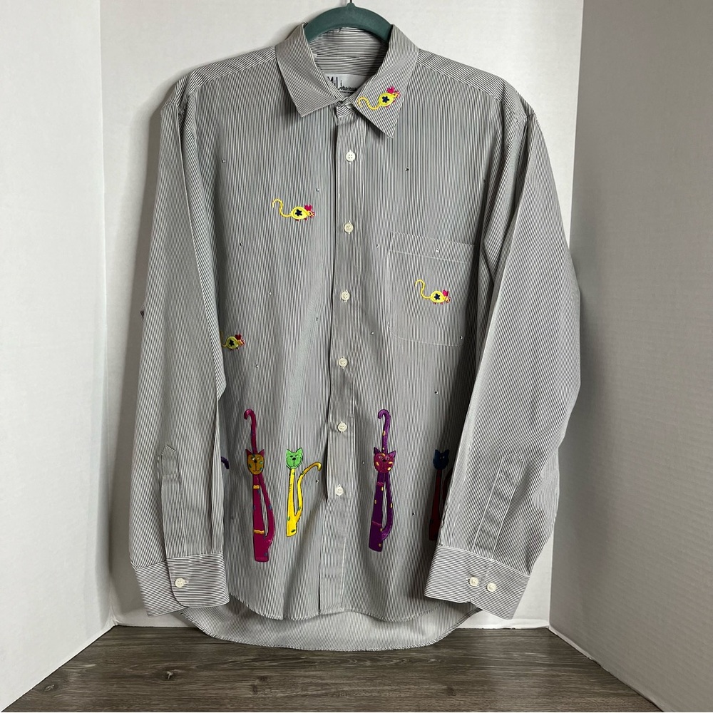 Vintage MiLi Colorful Applique Cat Mice Blouse Sequins Large Striped Long Sleeve
